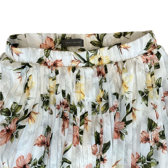 Suzy Shier Pink and Yellow Floral Plisse Pleated Midi Skirt Size Large - Picture 2 of 4